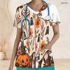 Women Plus Size V Neck Short Sleeve Goat Pumpkin Ghost Floral Print Nurse Scrub Top With Pockets