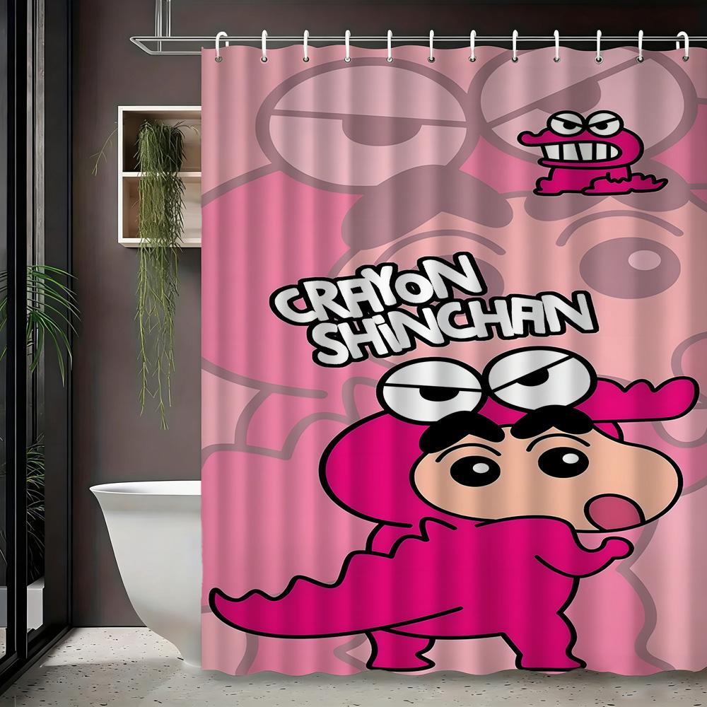 Crayon Shin-Chan Funny Character Scene 2D Print Waterproof Shower Curtain, Blue Bathroom Decor With Hooks