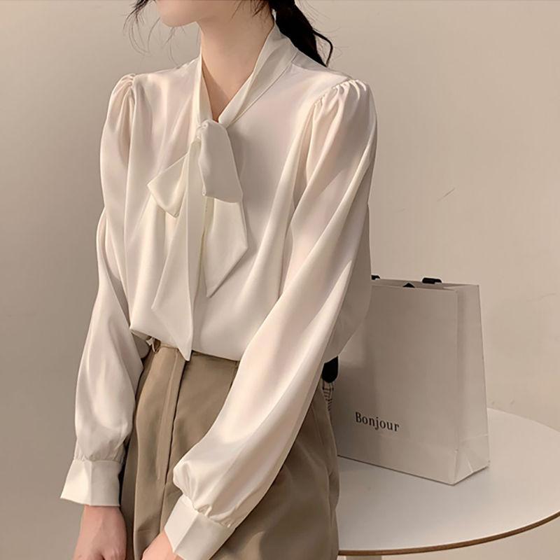 Schicke weiße Langarmbluse Damen Herbst Frühling Bürohemd Schleife Professionell Elegant Chiffon-Top Hohe Qualität