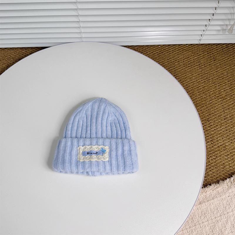 Children's Knitted Hat Lace Cloth Label English Embroidery Wool Beanie Autumn and Winter Warm Thickened Baby Ear Protection Hat