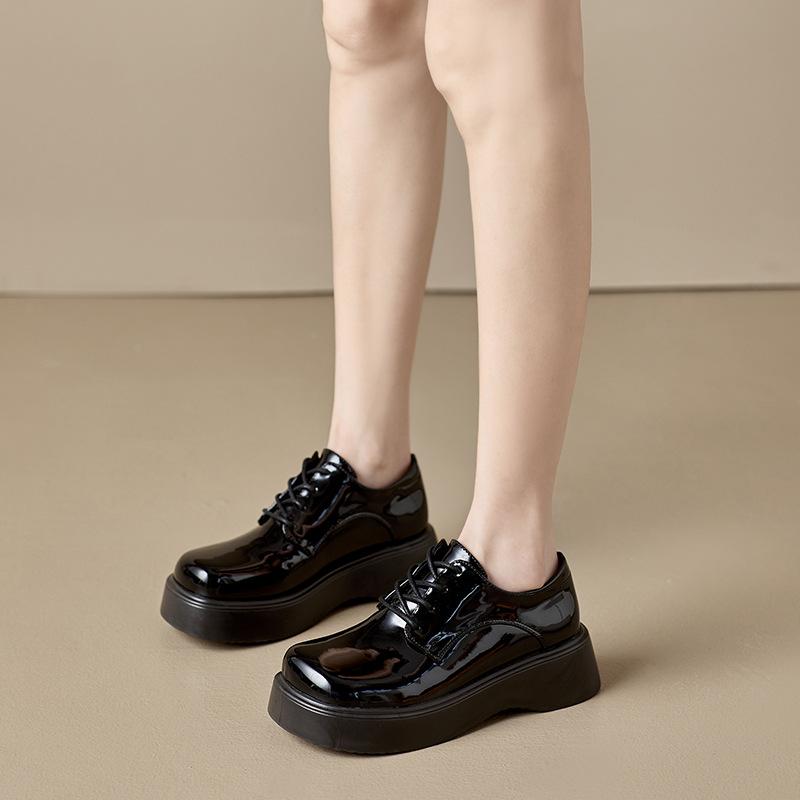 British Style Muffin  Women's Platform Autumn New Patent Leather Deep Mouth Lace-up Wedge Single Shoes  Shoes Casual HZB-323-1