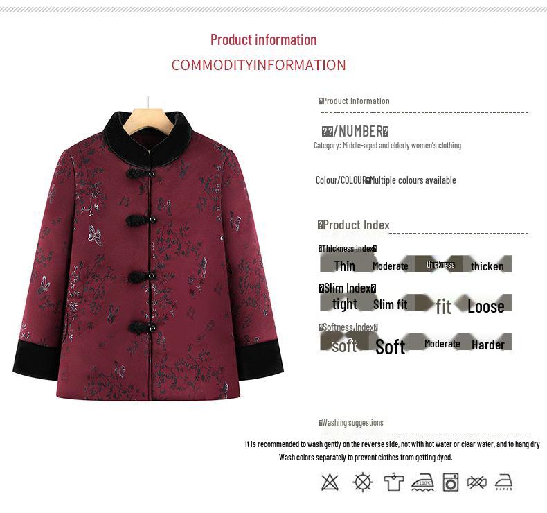Plus Size Winter Padded Cotton Jacket for Elderly Women, Thickened Tang Suit Style for Grandma or Mom