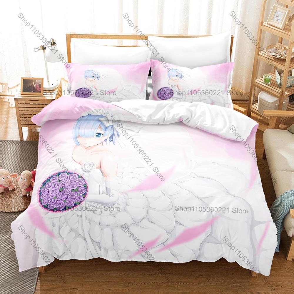 Re Zero Rem Ram Themed Duvet Cover + 2 Pillowcases Vibrant Anime Graphic Cozy Home & Dorm Bedding
