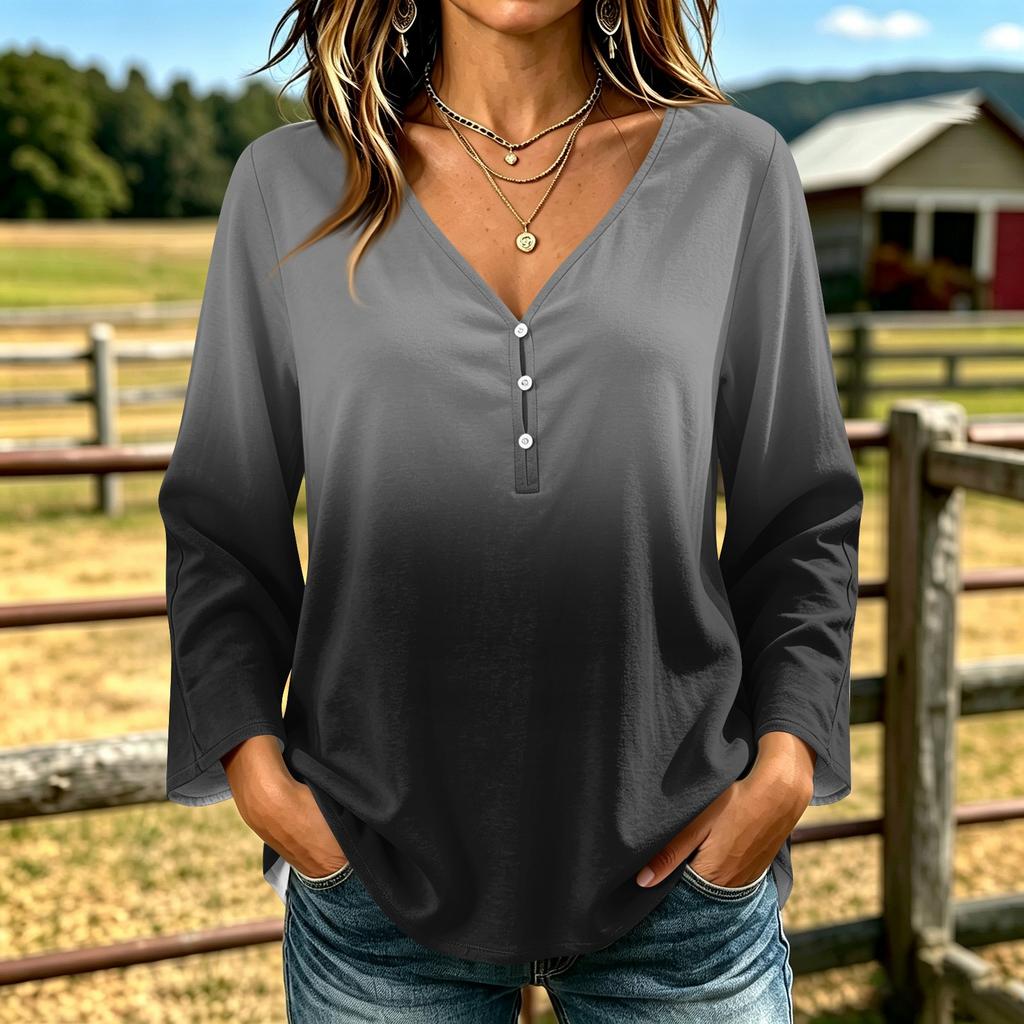 Women's Casual V-Neck Long Sleeve T-Shirt, Gradient Color Print Top for Everyday Wear