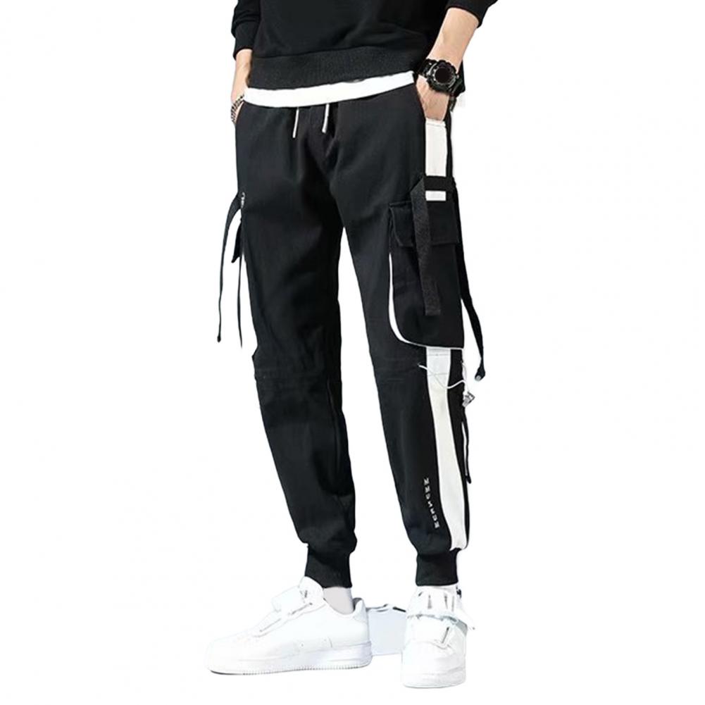 

Men Cargo Pants Strap Decor Multi Pockets Relaxed Fit Elastic Waist Ankle-banded Color Matching Hip Hop Streetwear Work Outdoor Use Trouse M чорний