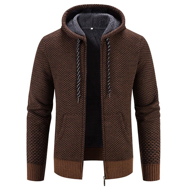 Men’s Hooded Knit Cardigan: Thick Velvet, Solid Color Winter Sweater Jacket