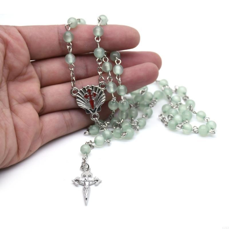 62KD Resin Beads Rosary Necklaces Catholic Crucifix Pendant Church Souvenirs Prayer Long Chain Men Women Christian Gift