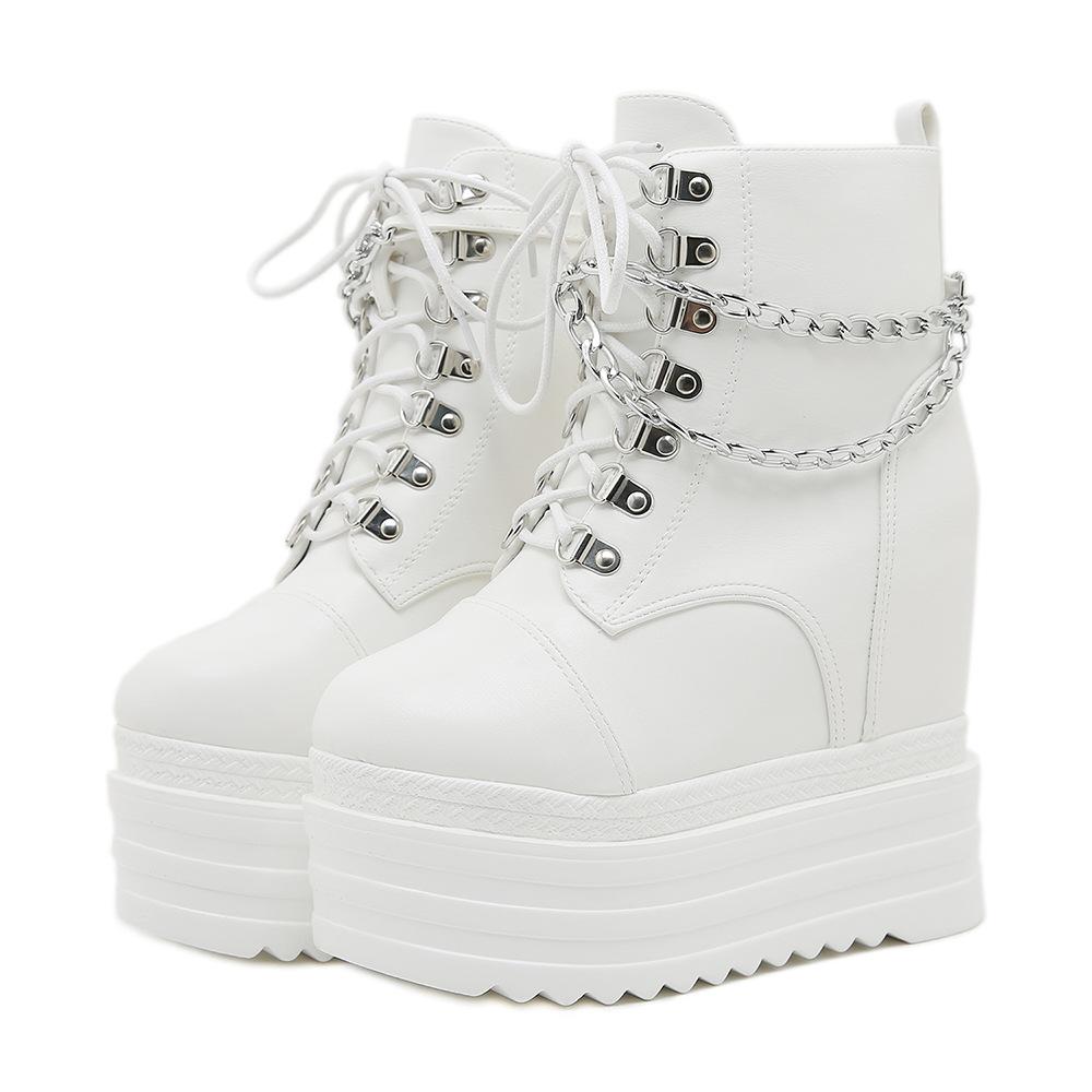 

Жіночі короткі черевики на товстій підошві з ланцюжком збоку, на танкетці, у стилі панк, черевики Мартін, взуття, що збільшує зріст 39 білий