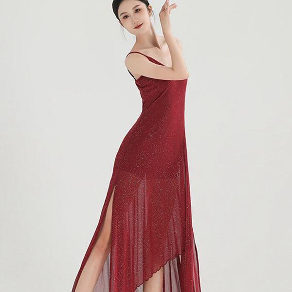 2025 Summer Wine Red Glitter Jumpsuit and Long Dress Jazz Dance Costume