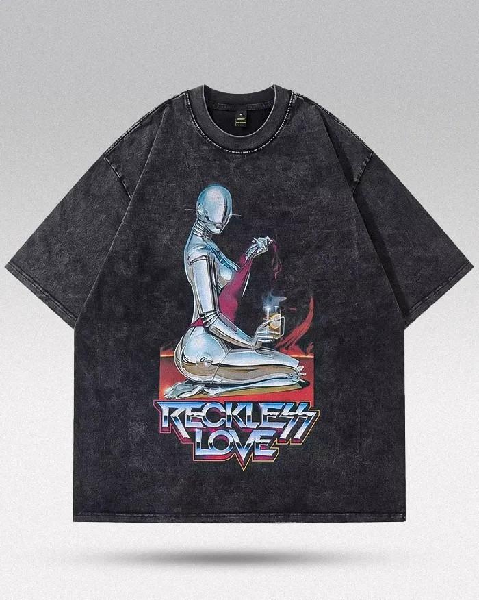 Retro Metal Letter Reckless Love Kneeling Metallic Robot Mineral Wash Oversized