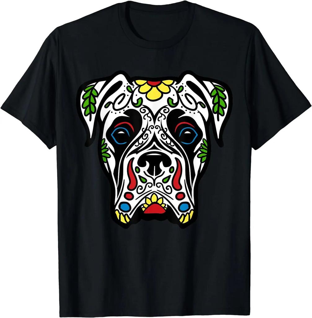Boxer In White Dead Sugar Skull Dog Gift T-Shirt Casual Short Four Seasons Shirts for Unisex Women Kids Halloween Shirts Mexico