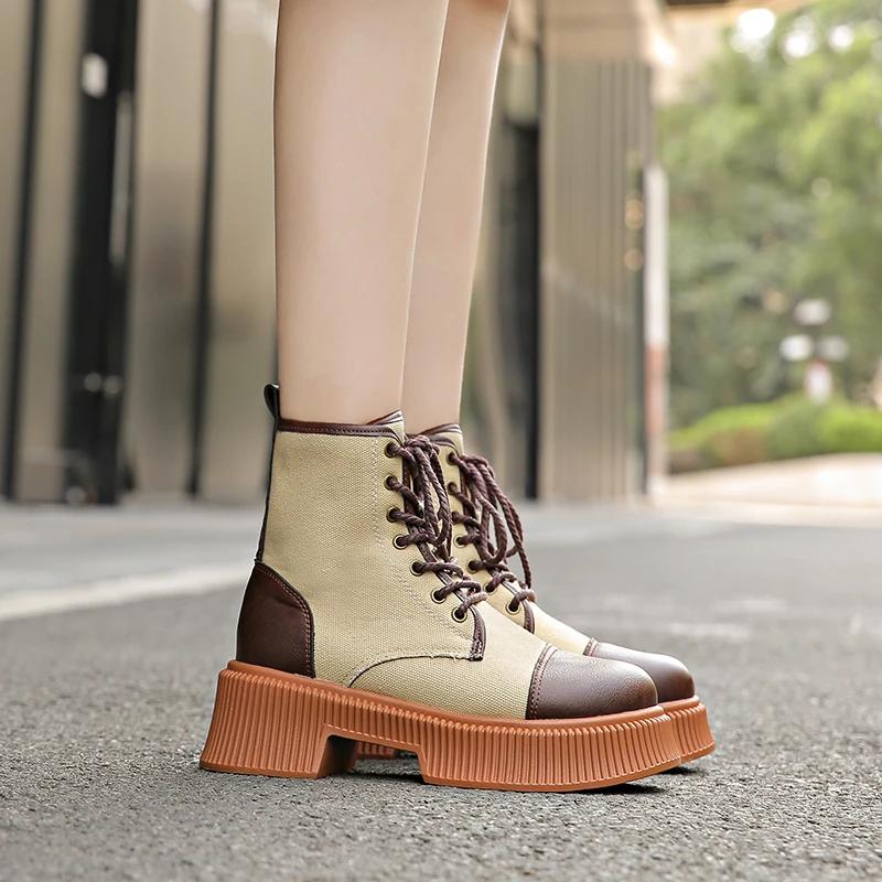 Fashion Women's Shoes Fashion Lace Up Women's Boots Autumn British Style Round Toe Mixed Colors Short Barrel Block Heel Large Size Boots