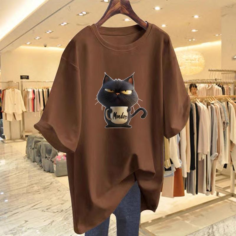 Cartoon Cat Graphic Breathable Round Neck Short Sleeve Women's Casual T-Shirt