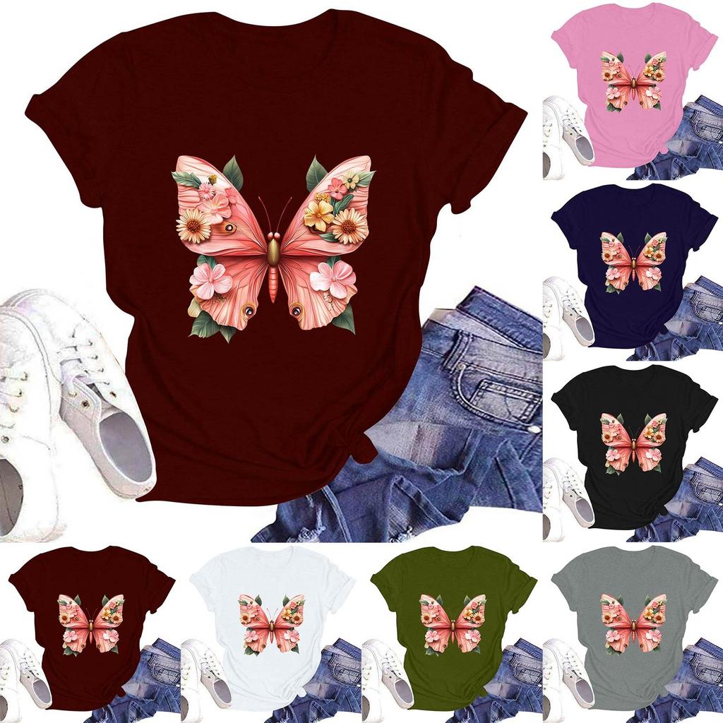 Women's Casual Round Neck Short Sleeve Pullover Printed T-Shirt Top