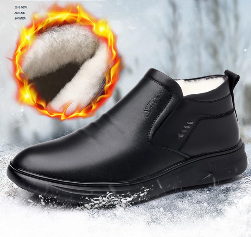 Winter Casual High-Top Woolen Lined Snow Boots Men's Cotton Shoes Anti-Slip Leather Upper Rubber Sole Comfortable Dad Boots