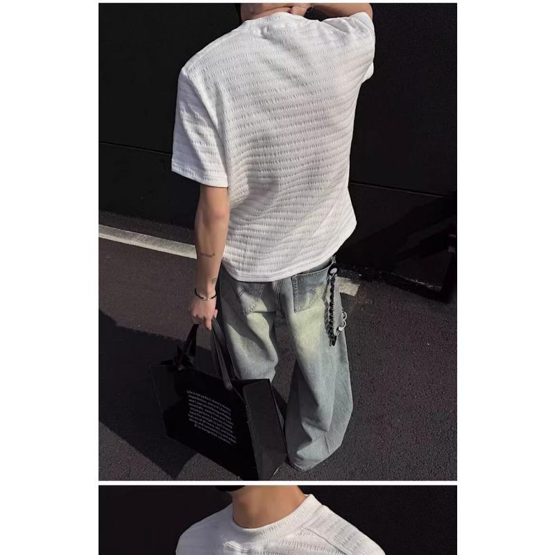 Men's Black Wfle Knit Crew Neck T-Shirt Casual Oversized Short Sleeve Top