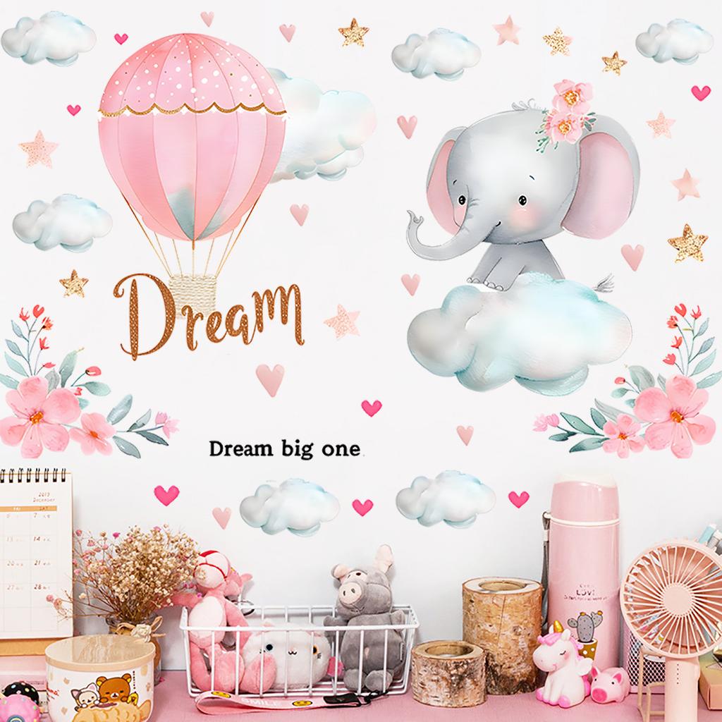 Cute Elephant Hot Air Balloon Clouds Wall Stickers Self-Adhesive for Kids Room Nursery Kindergarten Home Wall Decor
