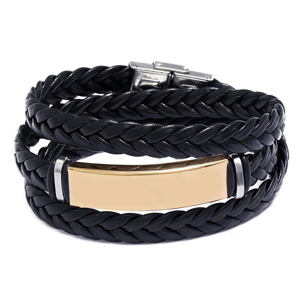 Simple And Stylish Stainless Steel Woven Leather Bracelet, Titanium Steel Smooth Multi-Layer Men'S Leather Bracelet