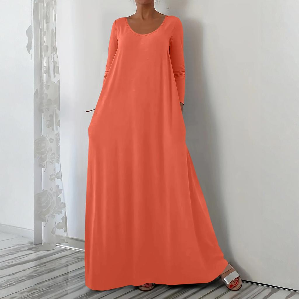 Women's Fashionable Solid Color V Neck Long Sleeved Casual Loose Fitting Pullover Long Dress