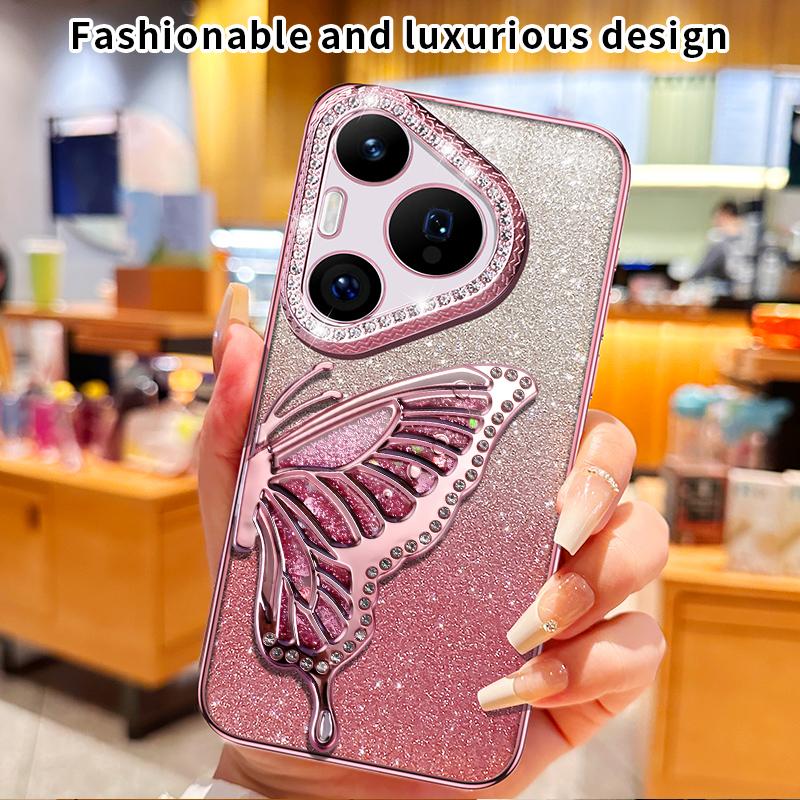 Diamond Glitter Liquid Quicksand Butterfly Phone Holder Case For Huawei Pura 70 P60 P50 Pro Silicone Cover