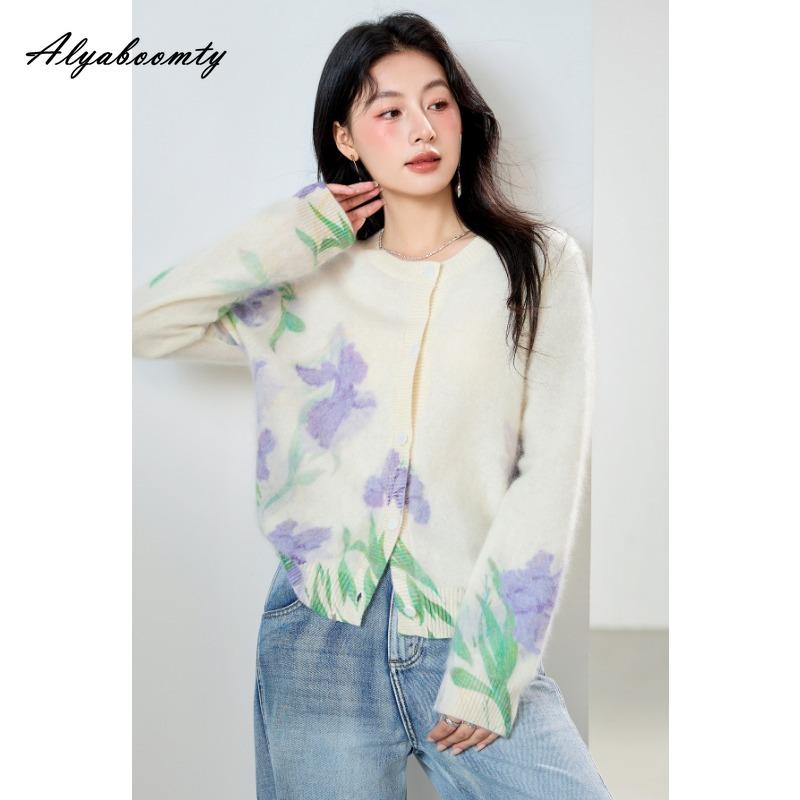 Korean Style Autumn Winter Women Sweater O Neck Contrast Color Floral Knitting Cardigan Knitted Long Sleeve Elegant Soft Outerwear