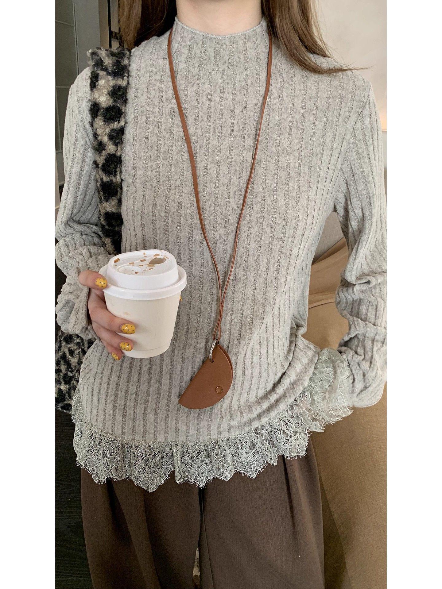 Korean Retro Lace Patchwork Long Sleeve T-shirt for Women - Spring/Autumn Loose Slimming Base Layer Top Large