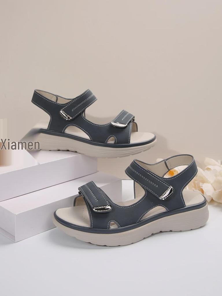 Summer 2025 Women's Sporty Wedge Heel Genuine Leather Sandals - Soft, Lightweight, Velcro, Plus Size Slippers.
