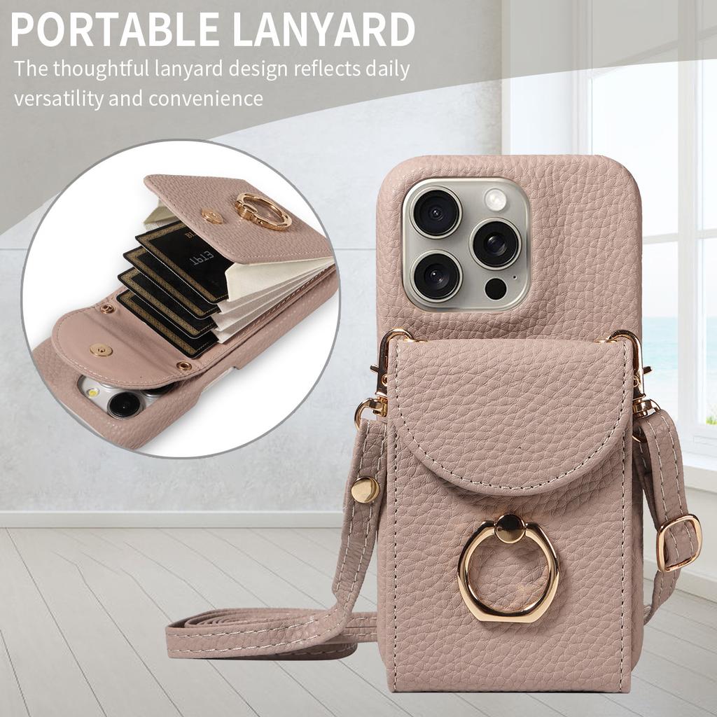 Litchi Texture Wallet Case for iPhone 16 Pro Max/15 Plus, Rugged Shockproof Cover with Card Holder & Ring Kickstand, Heavy Duty Protective Case