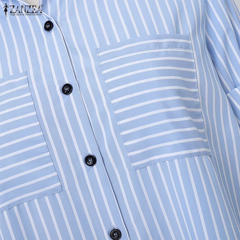 ZANZEA Women Casual Adjustable Long Sleeve Loose Lapel Collar Stripe Shirt Dress