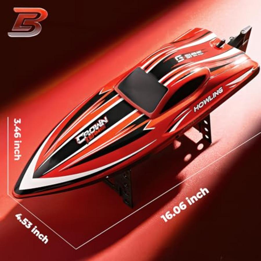 RC Boat for Lakes: 16-inch Brushless Waterproof Speed Boat, Red, 55 KPH Fast Performance with 2000mAh Battery, Ideal for Adults