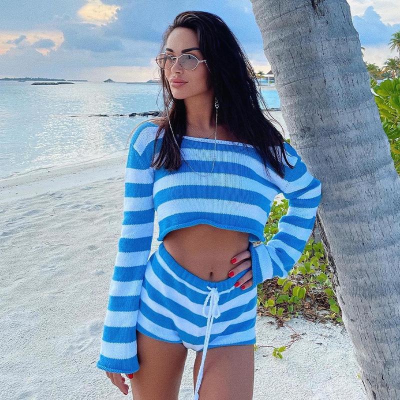 Short Top Shorts Suit Women's Casual Long-sleeved Top Women's Suit Spring And Summer Beach Vacation Women's Suit