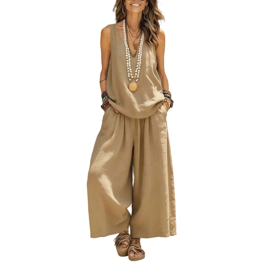Women's Ccasual Sleeveless Vest And Wide Leg Pants Cotton Linen Set