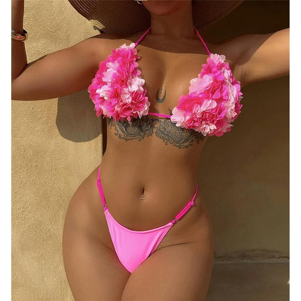 Bikini Sexy con Flores 3D de Cuello Halter y Corte Alto en la Pierna para Mujer Traje de Baño Femenino Conjunto de Bikini de Dos Piezas Bañador