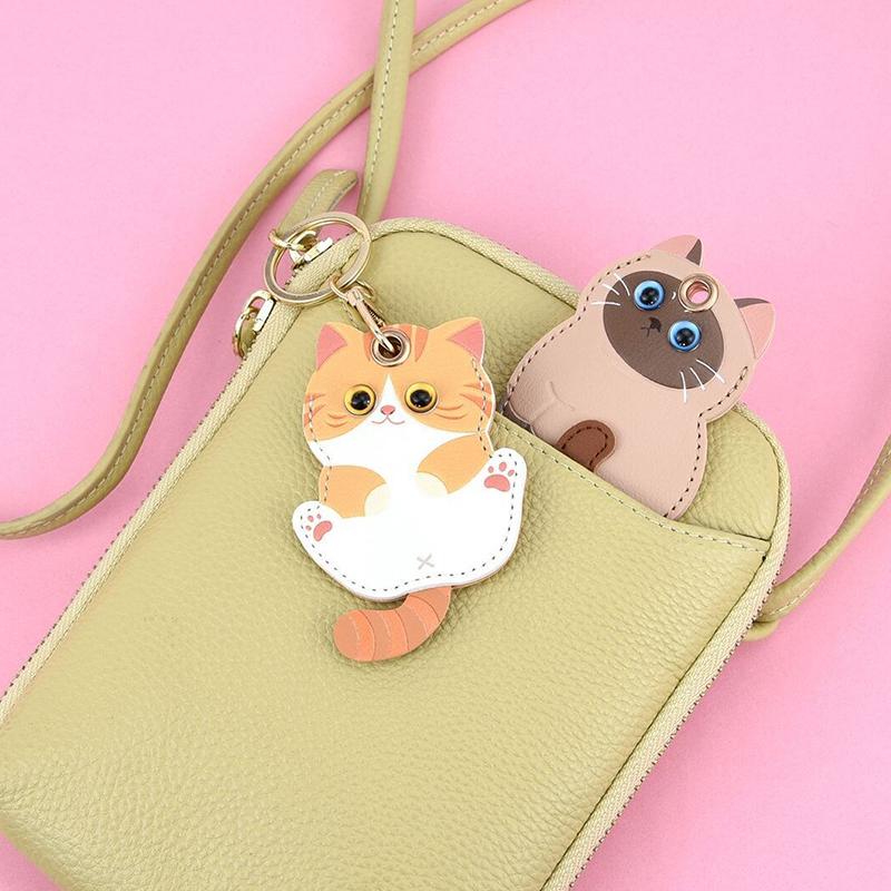 Pu Leather Keychain Holder Compatible With Airtag, Cute Pet Cat And Dog Gps Tracker Case Charm Key Ring