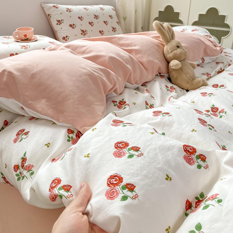 Duvet Cover Set 3pcs 100% Cotton Bedding Set Fashion Floral Quilt Cover Pillowcase Korean Ins Style Comforter Covers (NO SHEET)