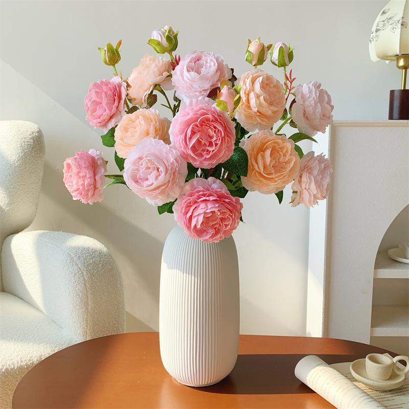 3-Head Peony Silk Flower Bouquet - Dried Floral Arrangement for Living Room or Dining Table Decor