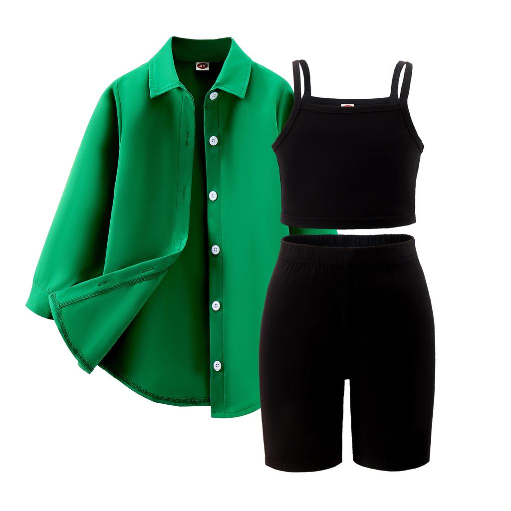 Girls' Leisure Suit Spring and Autumn Children's Solid Color Suspenders + Quarter Pants + Long Sleeve Jacket Three-piece Set