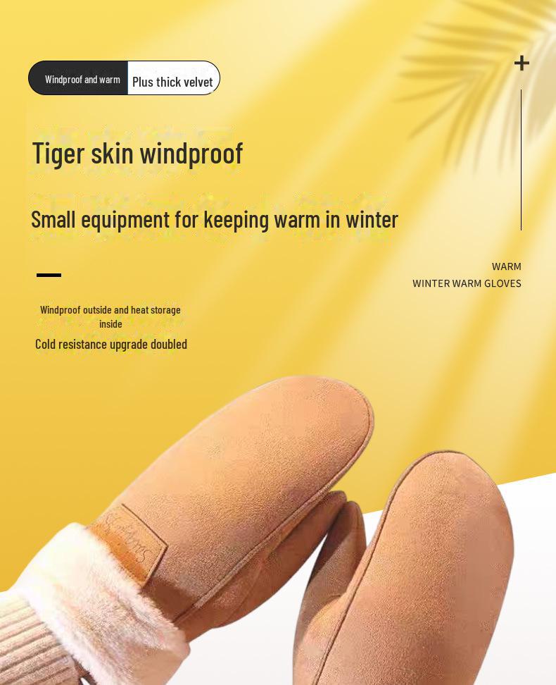 Women's Suede Winter Gloves, Warm and Windproof with Velvet and Hanging Neck Design.