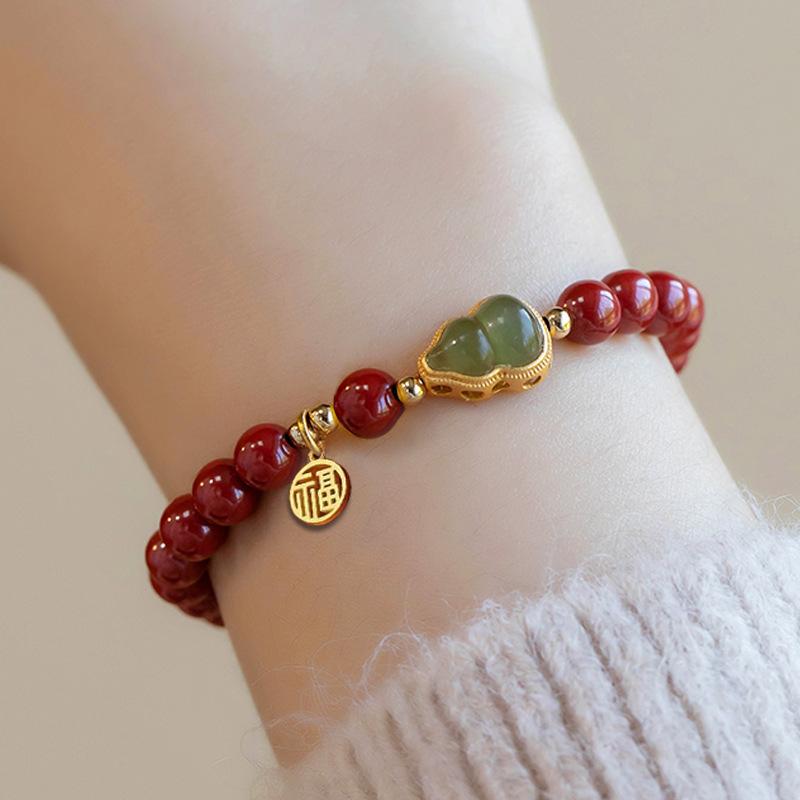 Cinnabar Beaded Bracelet Women Zodiac Year Peace Gourd Gold Inlaid Jade Ancient Style Summer Jewelry