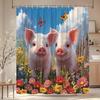 Prase Sprchový závěs Roztomilé hospodářské zvíře Akvarelový Květinový Zelené listy Plot Statek Polní květina Koupelnová dekorace Závěsy s