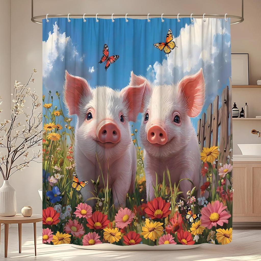 Prase Sprchový závěs Roztomilé hospodářské zvíře Akvarelový Květinový Zelené listy Plot Statek Polní květina Koupelnová dekorace Závěsy s