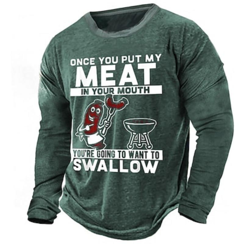 Meat Lover'S T-Shirt Mens Graphic Cartoon Letter Designer Retro Vintage 3D Print Tee Outdoor Daily Vacation Dark Green Army Blue Long Once You Put