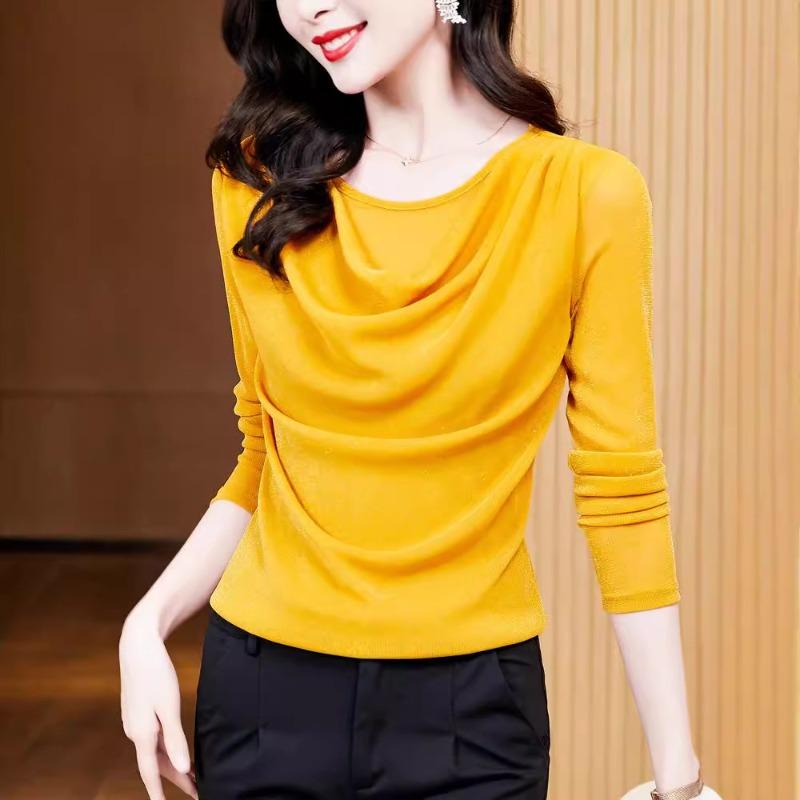 Herbstmode Vielseitiges Rundhals Glänzendes Seide Langärmliges Mesh Basishemd für Damen Slim Fit Pullover Top T-Shirts Damen