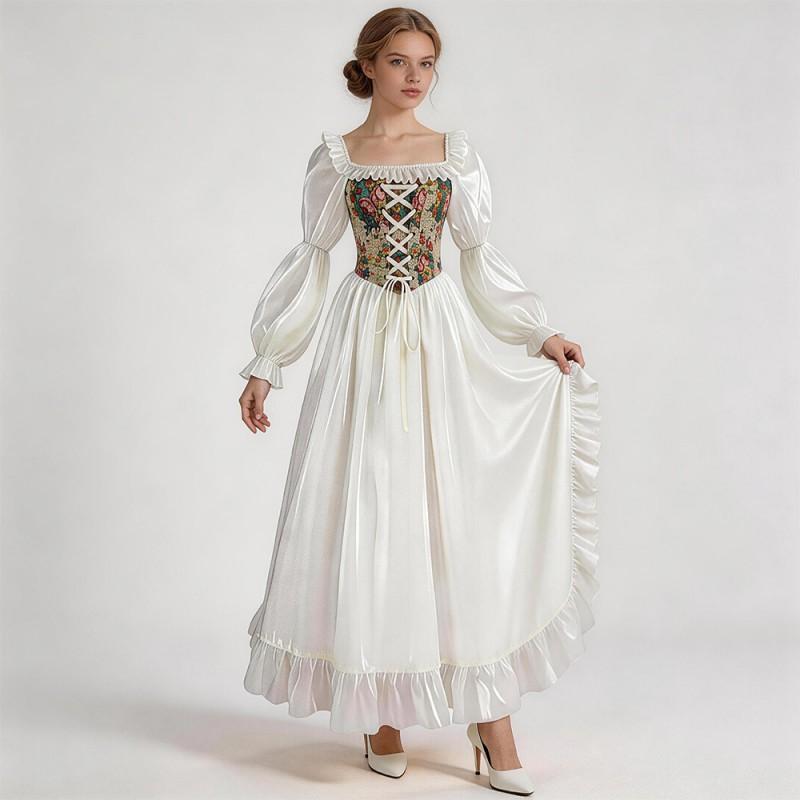Medieval Floral Dress Cosplay Costume Court Style Corset Puff Sleeve Long Gown Halloween Party Stage Performance