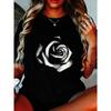 Womens Black Crew Neck Tee Retro Black White Rose Print Short Sleeve Loose Slim Fit Stylish Versatile Commute Daily Casual Top