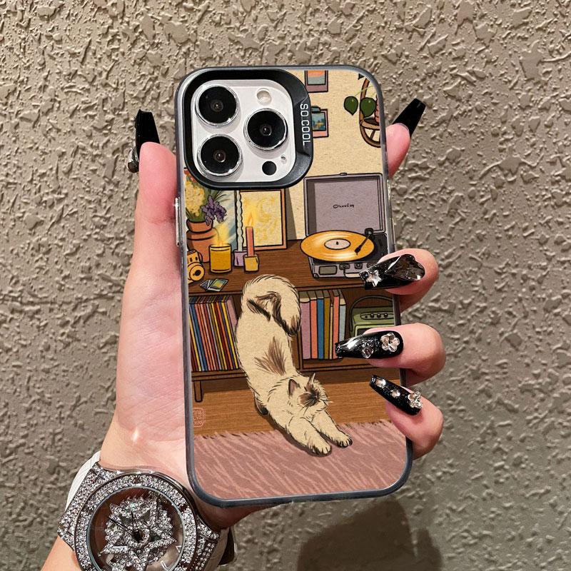 Vintage Sleepy Cat & Home Furnishings Artistic Laser Phone Case For iPhone 11 12 13 Mini Pro Max 17 16 15 14 Pro Max Plus Covers