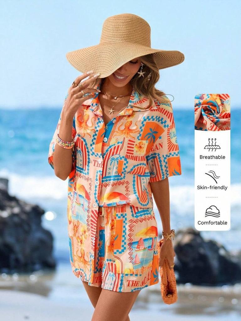 Plant-printed short-sleeved shirt, elastic waist shorts, two-piece set, vacation style casual suit, women's