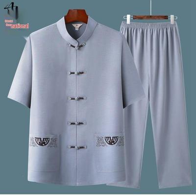 Men's Chinese Style Ice Linen Tang Suit Set - Short-Sleeved, Loose Fit Summer Outfit for Seniors