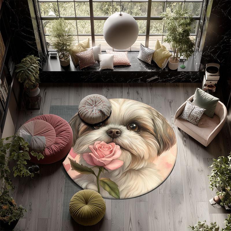 Cute Shih Tzu Pattern Round rug,Carpet Rug for Living Room Bedroom Playroom ,Non-slip Floor Mat,Holiday Gifts and Birthday Gifts.