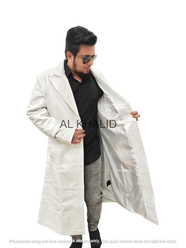 Ręcznie robiony Formalny Codzienny Roboczy Męski Płaszcz Trencz Stylowy Biały Prawdziwa Ręcznie Robiona Skóra